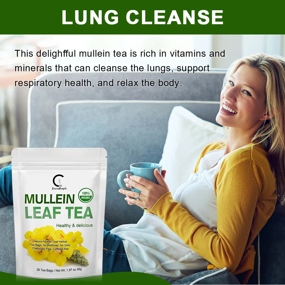 Woman holding a mug with a package of mullein leaf tea labeled 'Lung Cleanse'.