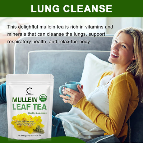 Woman holding a mug with a package of mullein leaf tea labeled 'Lung Cleanse'.