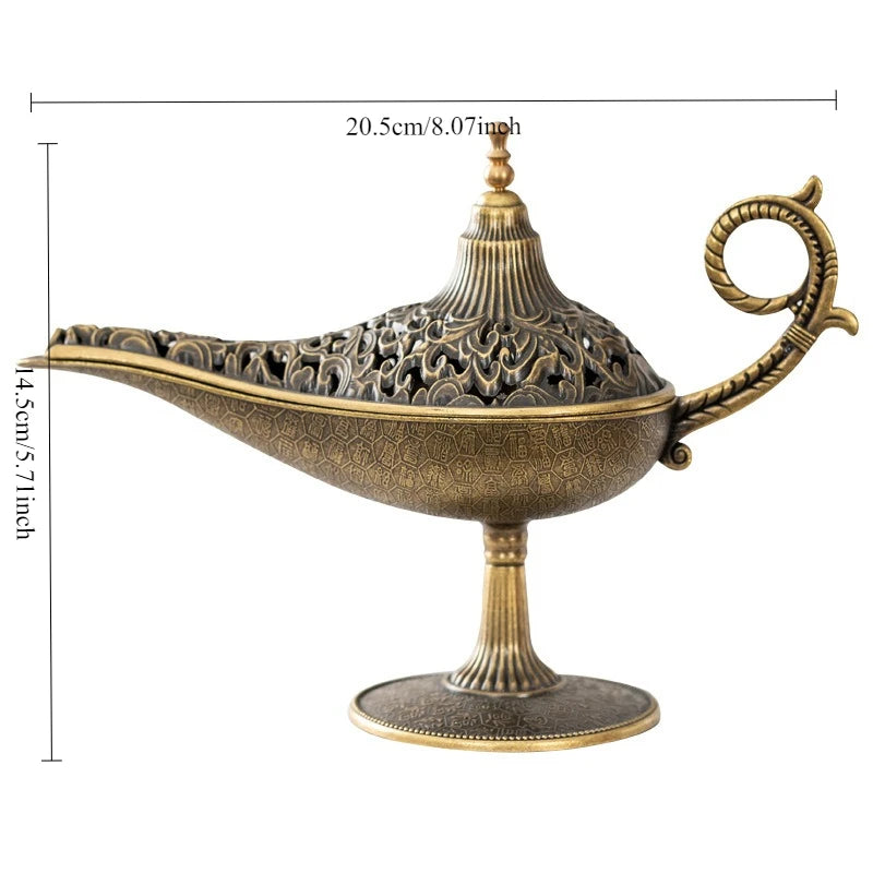 Decorative brass lamp with dimensions on a white background