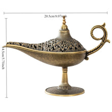 Decorative brass lamp with dimensions on a white background