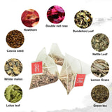 Tea bags with various herbs and leaves labeled on a white background