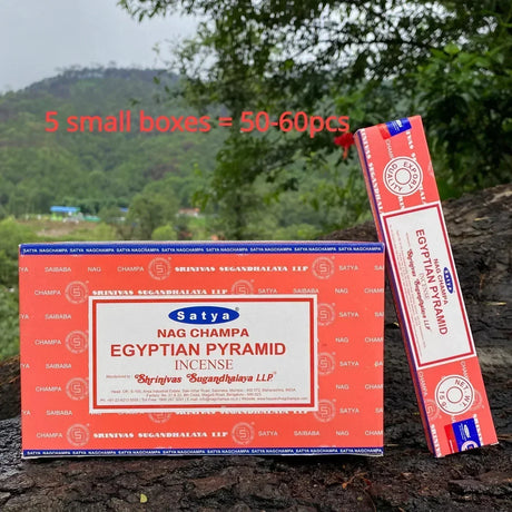 Satya Nag Champa Egyptian Pyramid incense box and sticks on a natural background