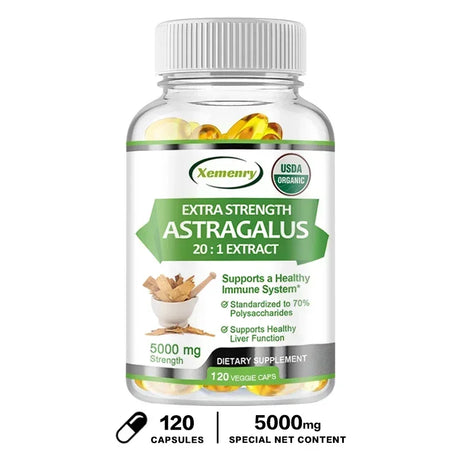 Bottle of Xemenry Extra Strength Astragalus supplement on a white background