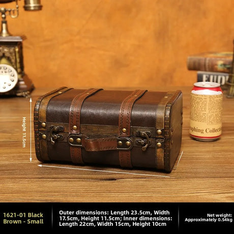 Vintage-style brown leather suitcase on a wooden surface with dimensions displayed.