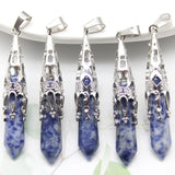 Five blue stone pendants with silver settings on a white background