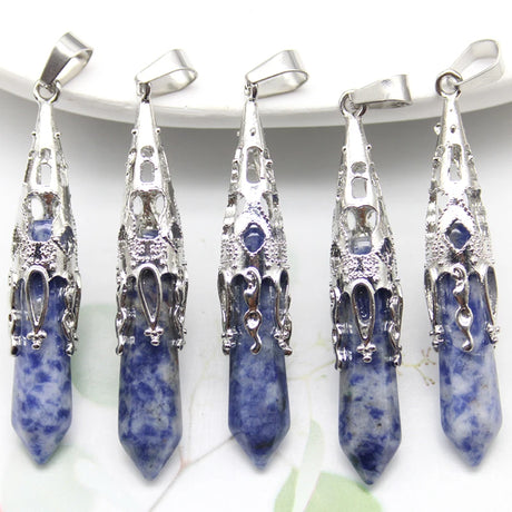 Five blue stone pendants with silver settings on a white background