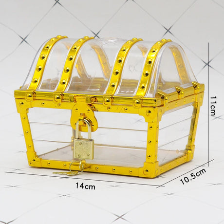 Yellow metal chest with clear top on a tiled floor, showing dimensions.