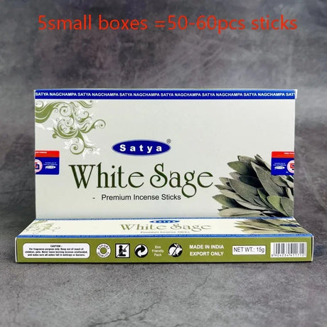 Box of Satya White Sage incense sticks on a gray background