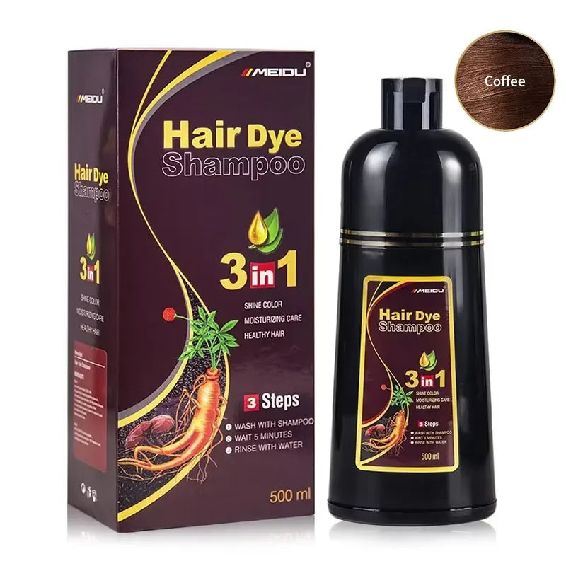 Hair dye shampoo packaging and bottle with MEIDU branding on a white background