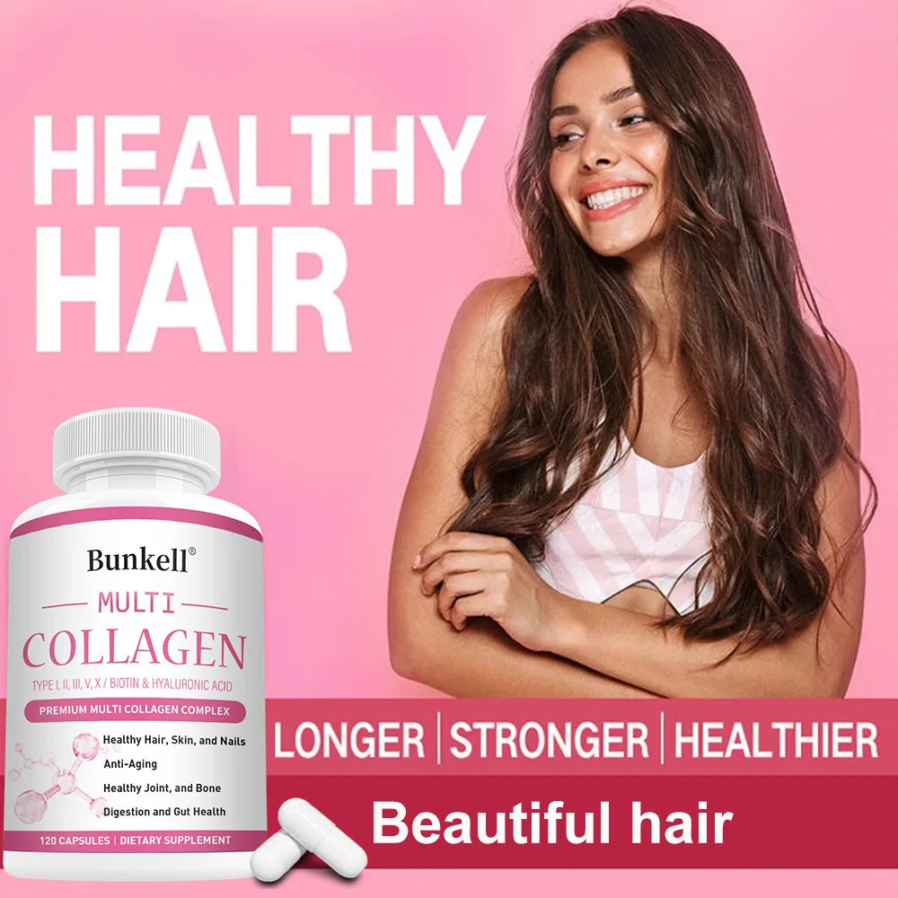 Bunkell Multi Collagen supplement with a woman having healthy hair on a pink background