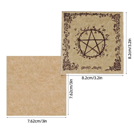 Kraft paper card with pentagram design and dimensions on a white background