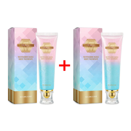 Two toothpaste tubes and their packaging on a white background