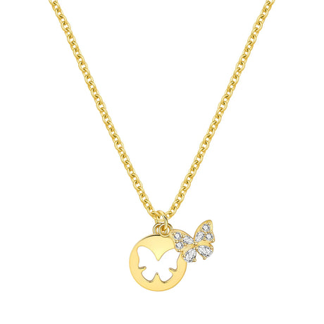Gold necklace with a butterfly pendant on a white background