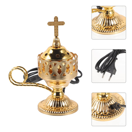 Gold electric incense burner with cross on top on a white background