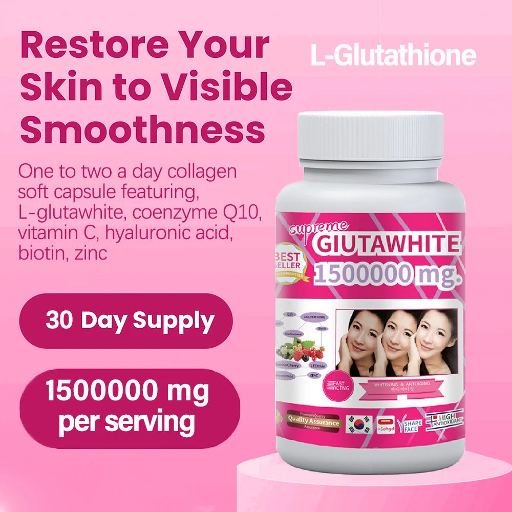 Supreme Glutawhite L-Glutathione supplement bottle with promotional text on a pink background