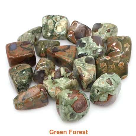 Collection of green forest Jasper stones on a white background