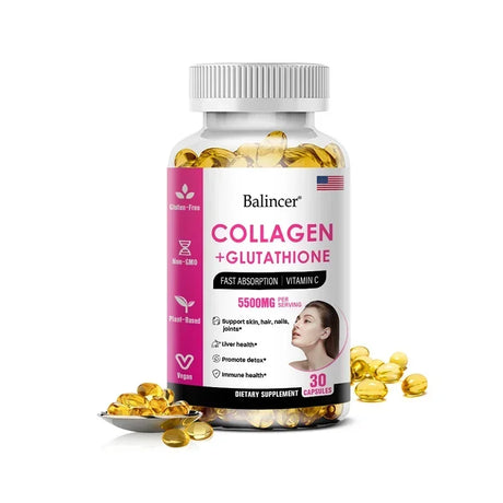 Supplement bottle labeled 'Balincer Collagen + Glutathione' with capsules on a white background