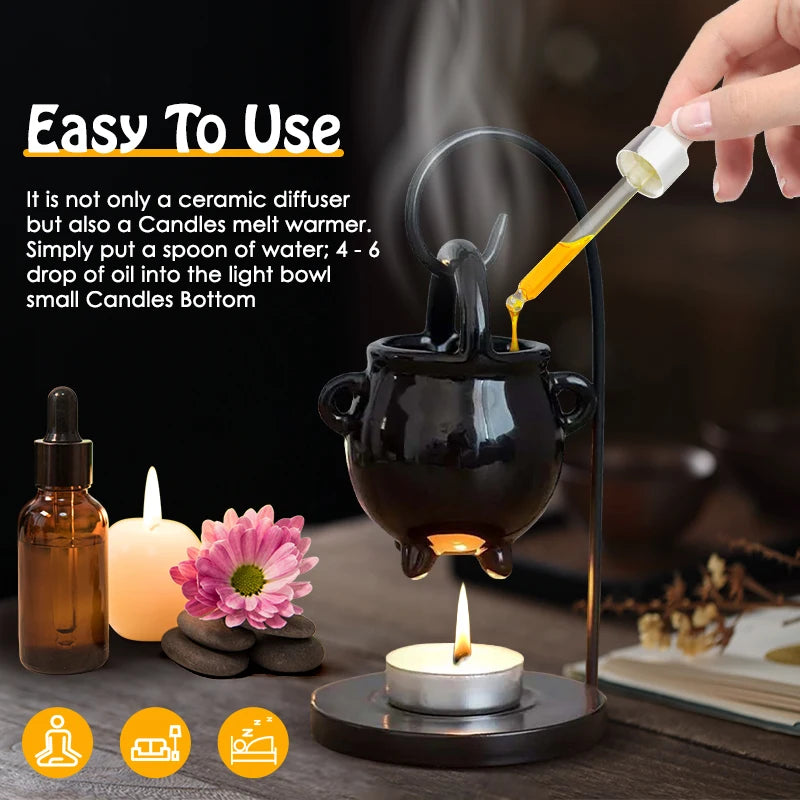 Ceramic diffuser with a candle being lit, surrounded by text and icons.