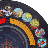 Close-up of a tarot card with colorful symbols and numbers on a black background