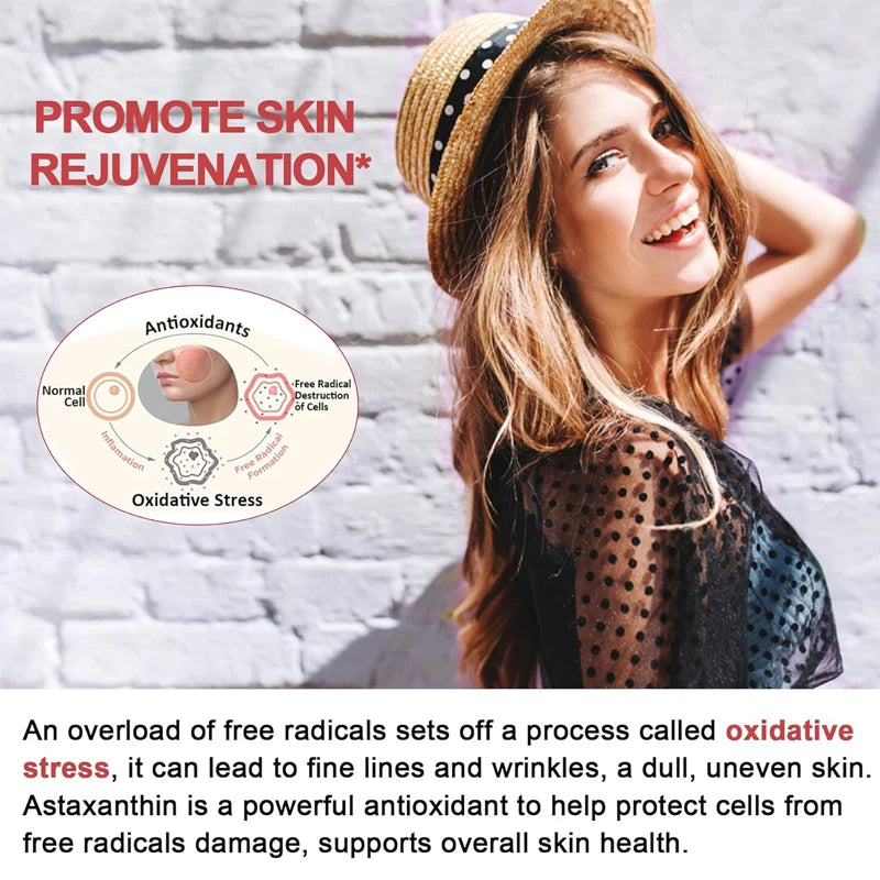 Woman wearing a straw hat with text about skin rejuvenation and antioxidants.