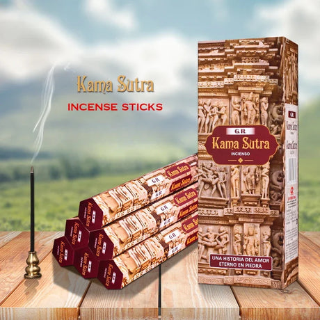 Kama Sutra incense sticks with packaging on a wooden surface and scenic background