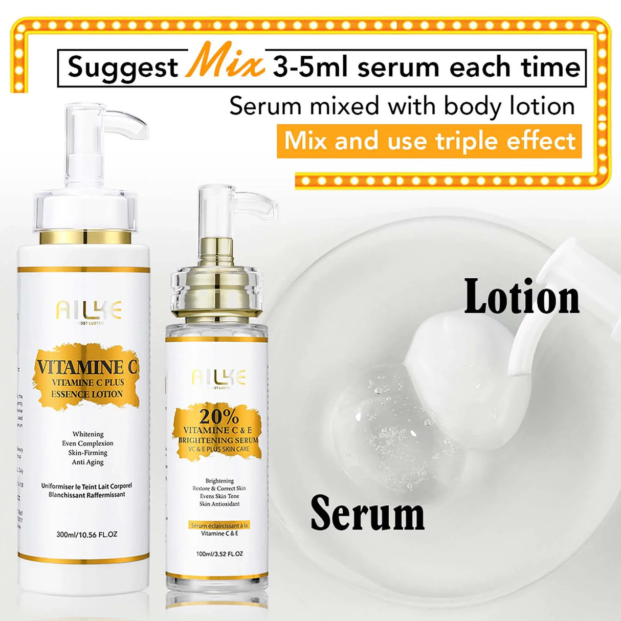 Two skincare products, serum and lotion, with text on a white background.