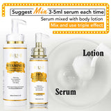 Two skincare products, serum and lotion, with text on a white background.