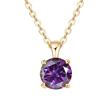 Gold necklace with a purple gemstone pendant on a white background