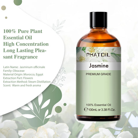 Bottle of Phatoil Jasmine essential oil with product details on a white background