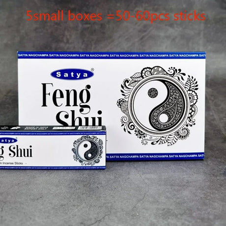 Satya Feng Shui incense packaging with yin yang symbol on a gray background