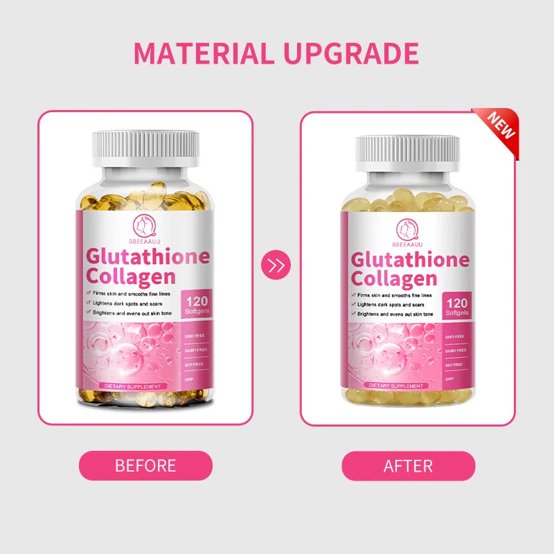 Before and after comparison of Glutathione Collagen supplement bottles with material upgrade text.