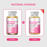 Before and after comparison of Glutathione Collagen supplement bottles with material upgrade text.