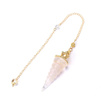 Decorative cone-shaped object with gold chain on a white background