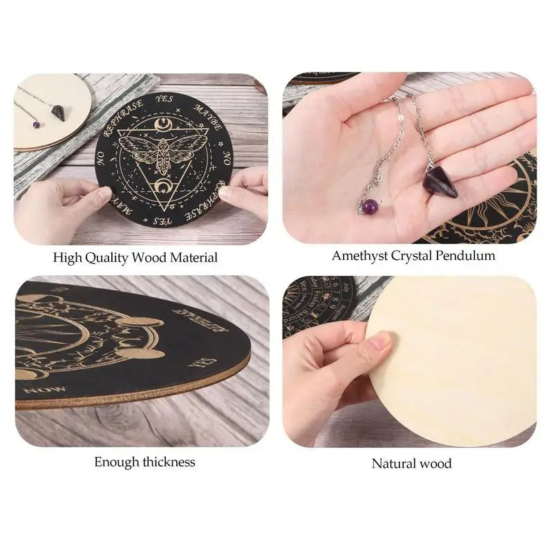 Collage of a crystal pendulum set with high-quality wood material, amethyst crystal, and natural wood finish.