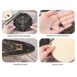 Collage of a crystal pendulum set with high-quality wood material, amethyst crystal, and natural wood finish.
