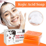 Kojic Acid Soap packaging with a woman applying soap to her face, close-up of soap, and soap bars on an orange background.