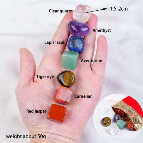 Hand holding various crystals with labels and measurements on a white background