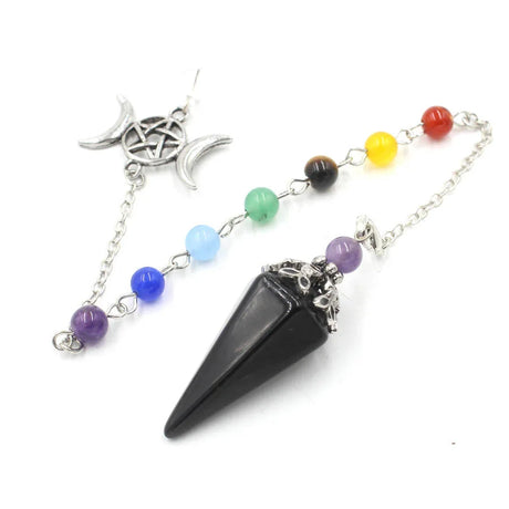 Necklace with black pendant, colorful beads, and silver trinity knot charm on a white background