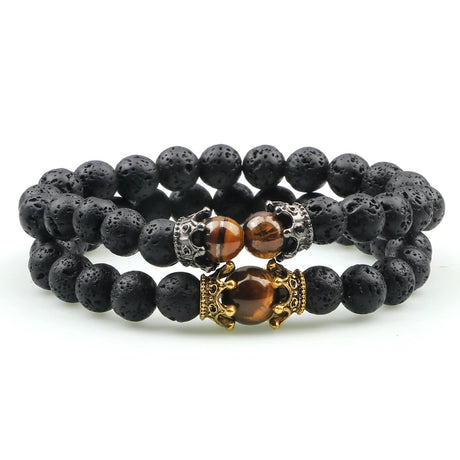 Black beaded bracelet with tiger eye stones on a white background