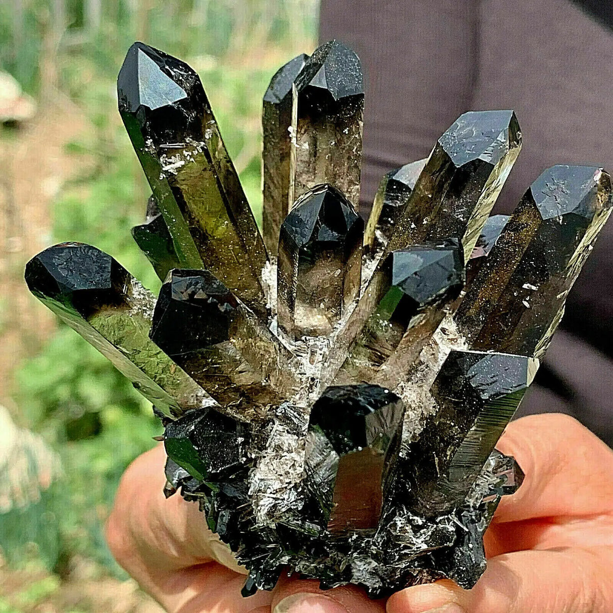 Hand holding a cluster of dark green crystals with a blurred natural background