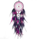 Black and pink dreamcatcher with feathers on a white background