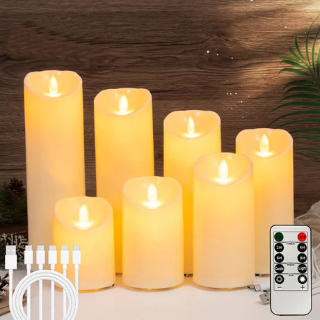 Set of LED candles with remote control on a wooden surface