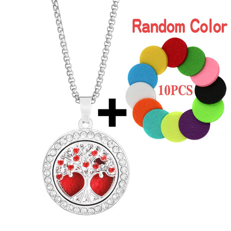 Silver necklace with tree of life pendant and colorful bracelets on a white background