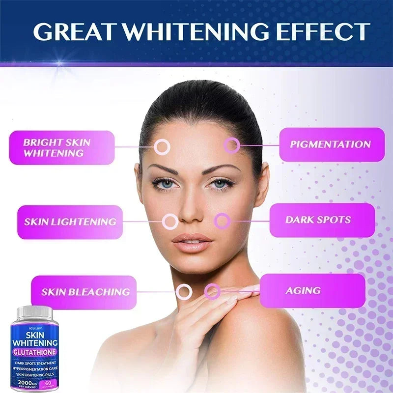 Woman with skin conditions labeled and a skin whitening product on a blue and purple gradient background.