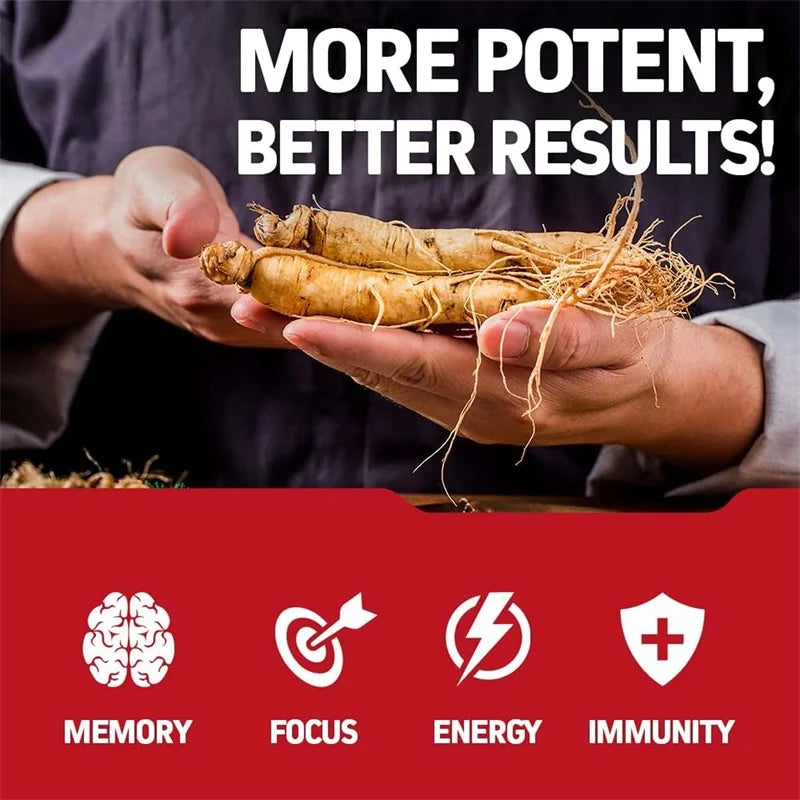 Hands holding ginseng roots with promotional text and icons on a red background