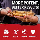 Hands holding ginseng roots with promotional text and icons on a red background
