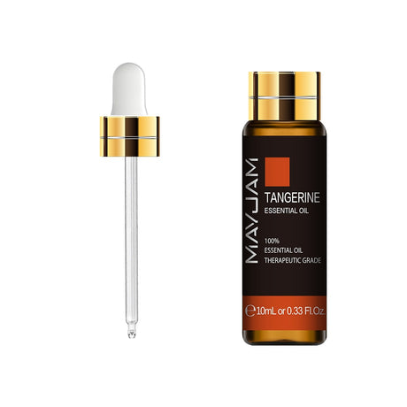 MayJam Tangerine Essential Oil bottle with dropper on a white background