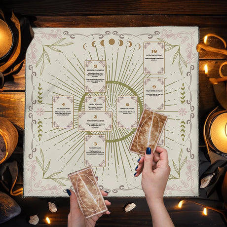 Talismanic cards held by a hand on a decorative mat with candles and stones in the background
