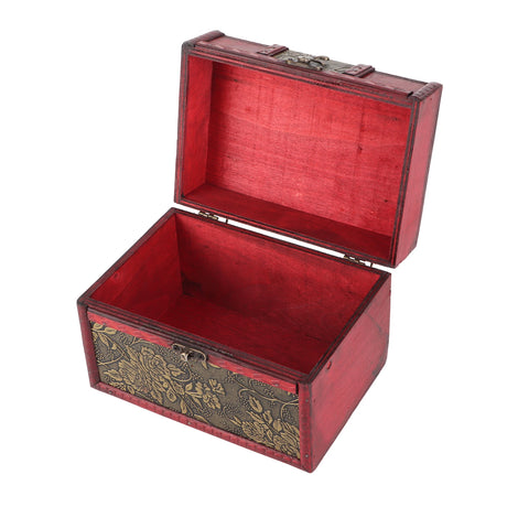 Red wooden treasure chest with floral patterns on a white background