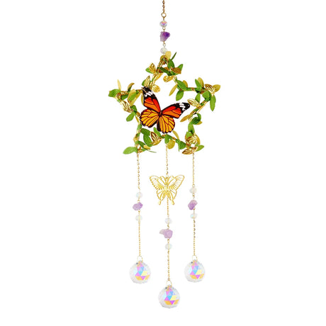 Decorative hanging ornament with butterfly and beads on a white background